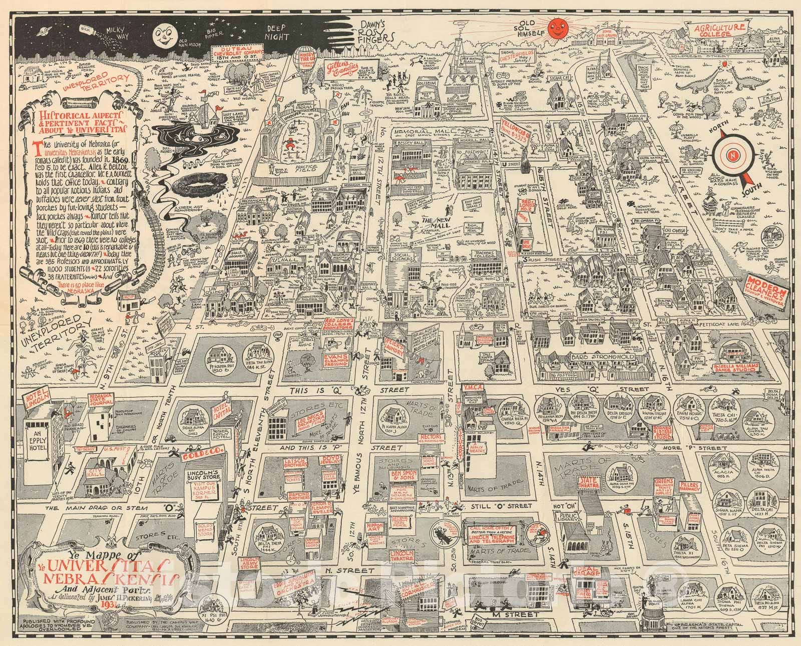 Historic Map : Pictorial Map of The University of Nebraska, Pickering Comical, 1931, Vintage Wall Art