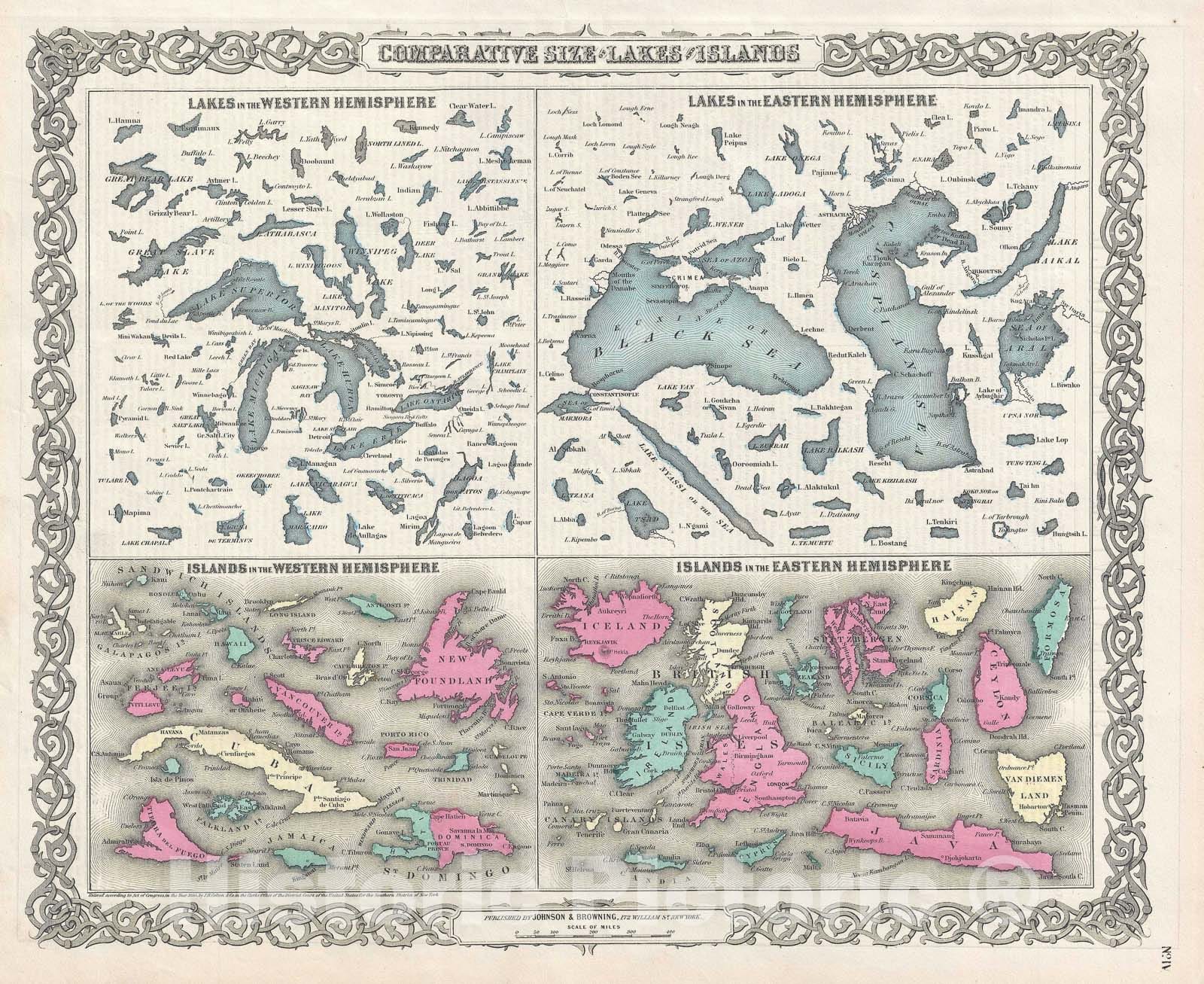 Historic Map : Comparative Chart of The World's Islands and Lakes, Colton, 1855, Vintage Wall Art