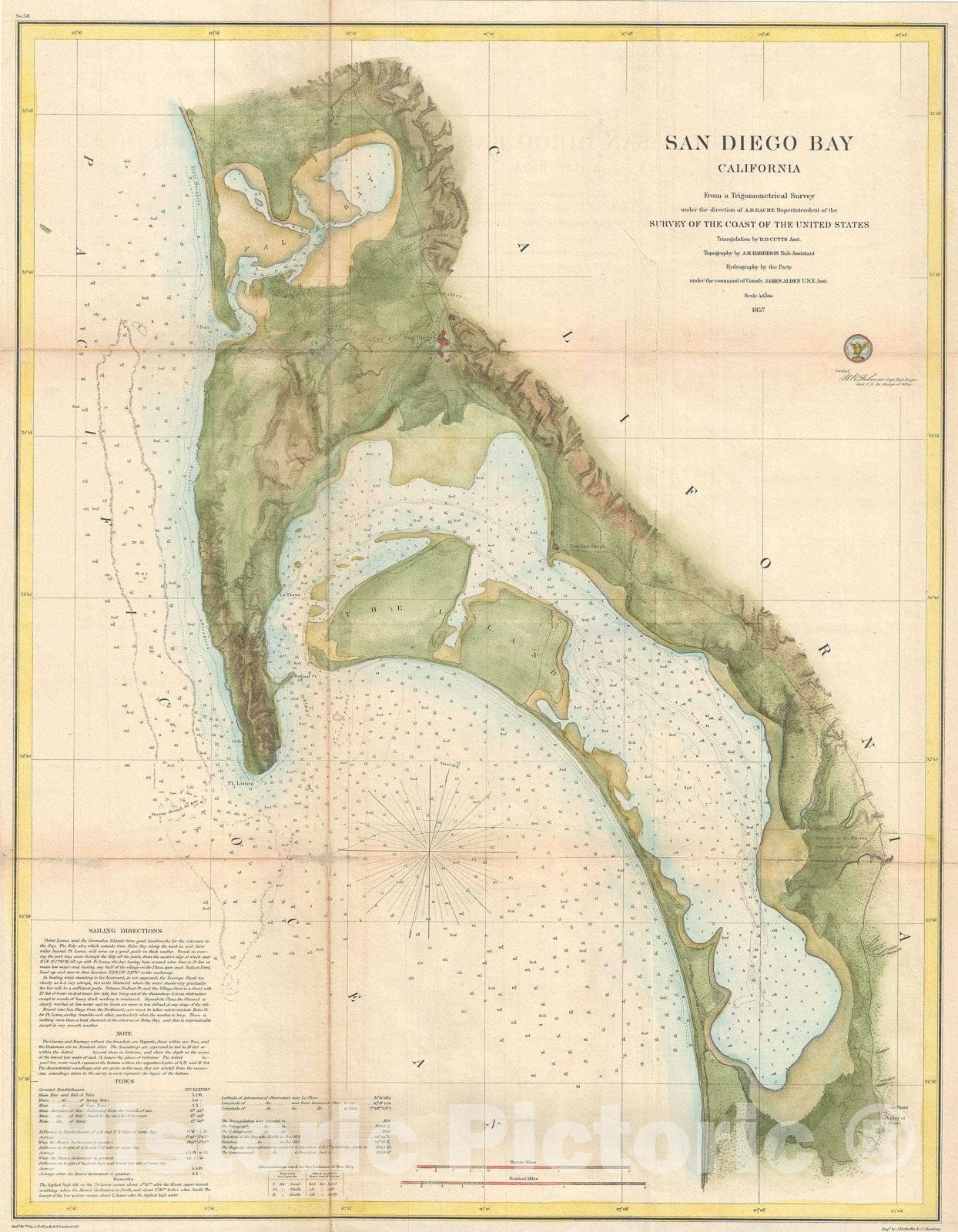 Historic Map : San Diego Bay, California, U.S. Coast Survey, 1857, Vintage Wall Art