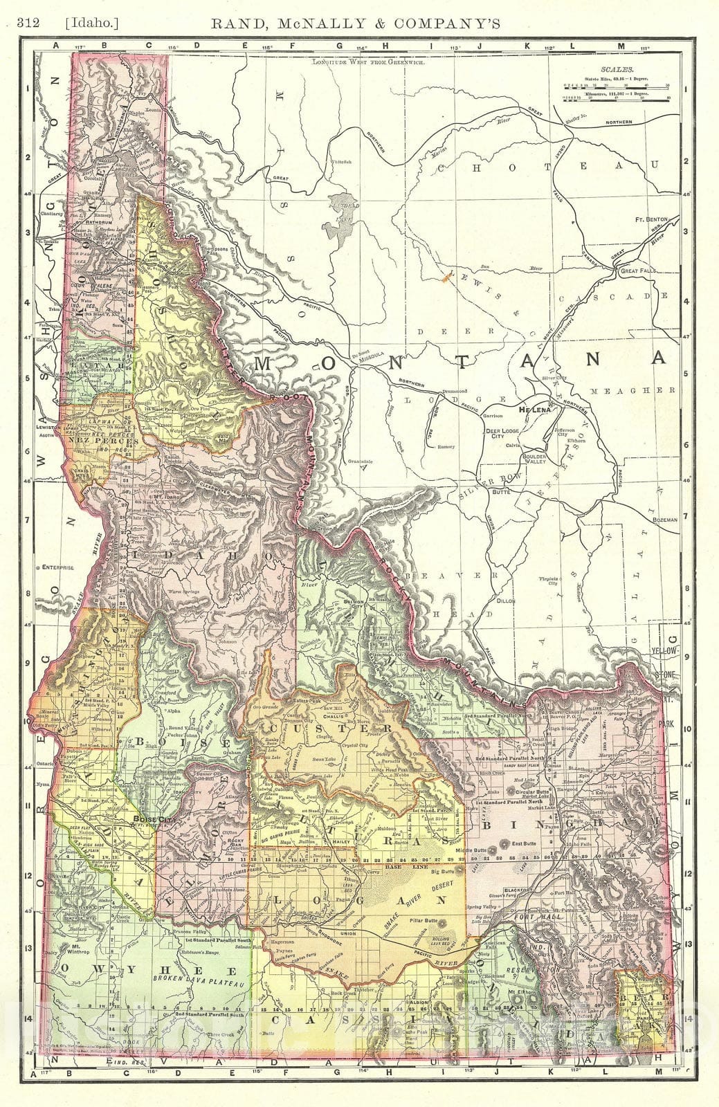 Historic Map : Idaho, Rand McNally, 1892, Vintage Wall Art