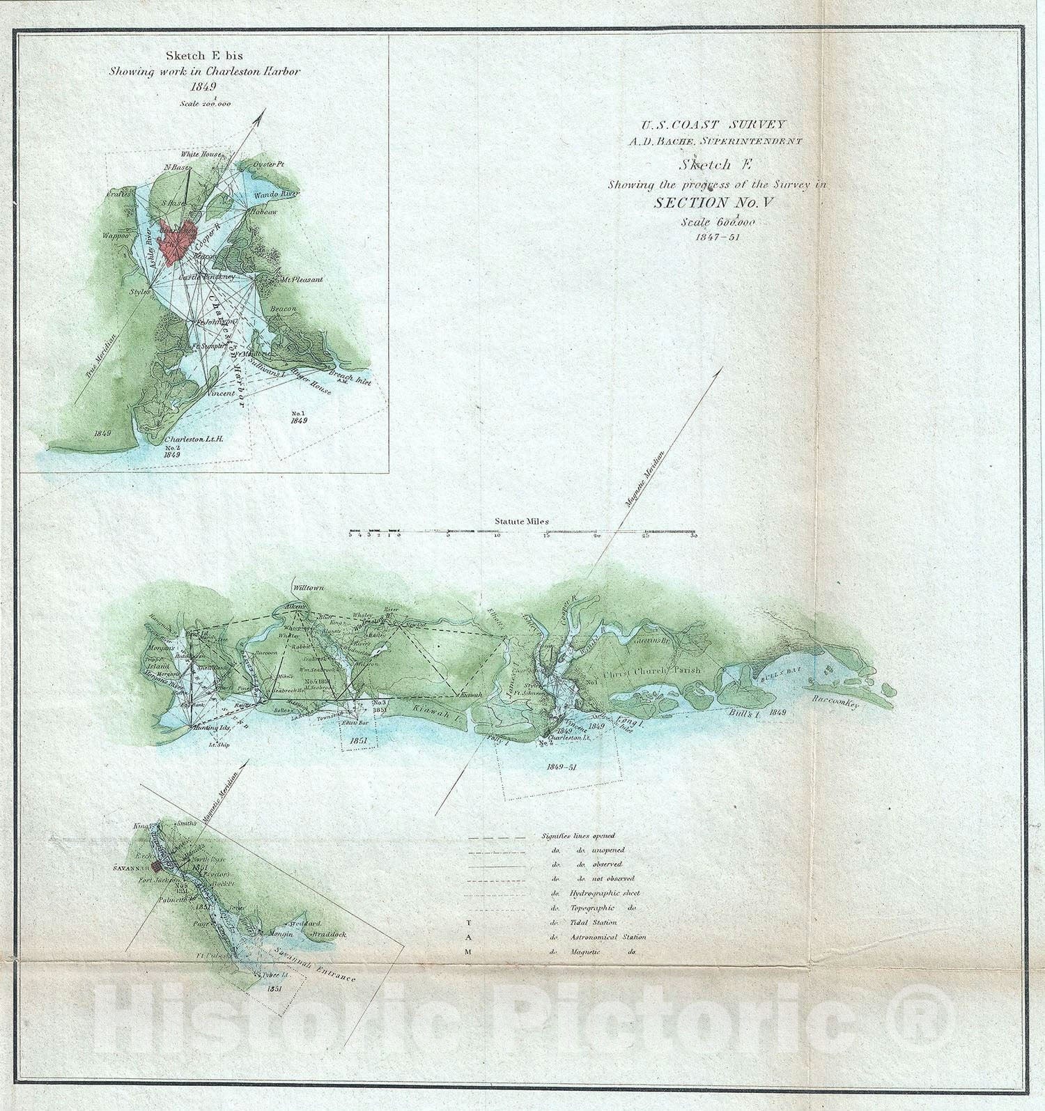 Historic Map : The South Carolina Coast from Bulls Bay to St. Helena Island, U. S. Coast Survey, 1851, Vintage Wall Art