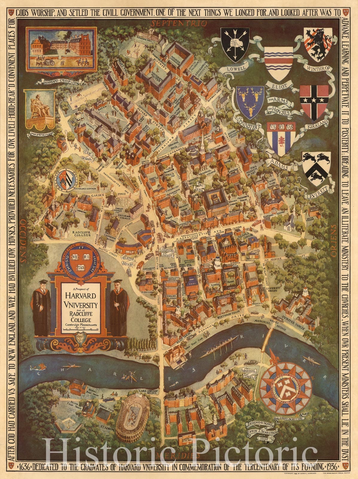 Historic Map : Schruers Pictorial Map of Harvard University, 1935, Vintage Wall Art