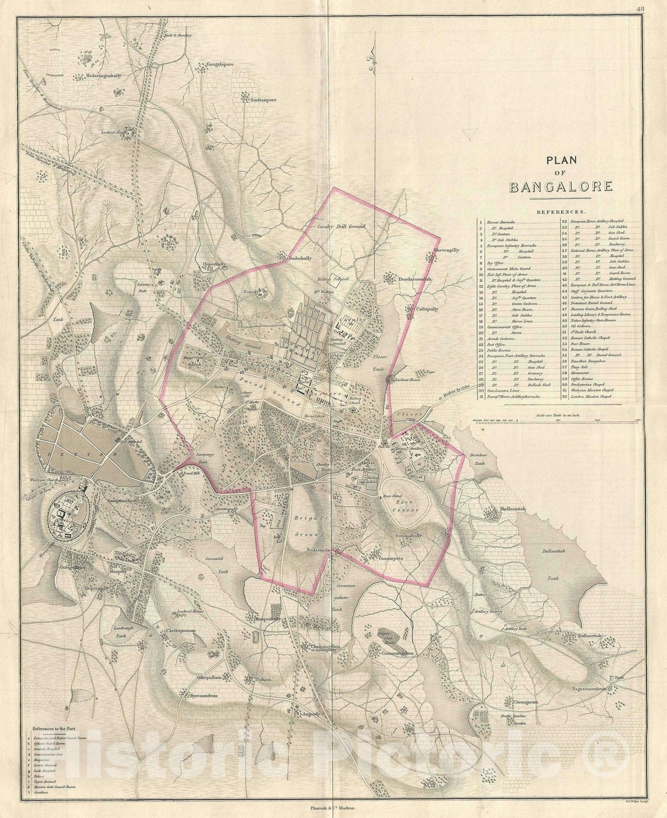 Historic Map : Plan of The City of Bangalore or Bengaluru, India, Pharoah, 1854, Vintage Wall Art