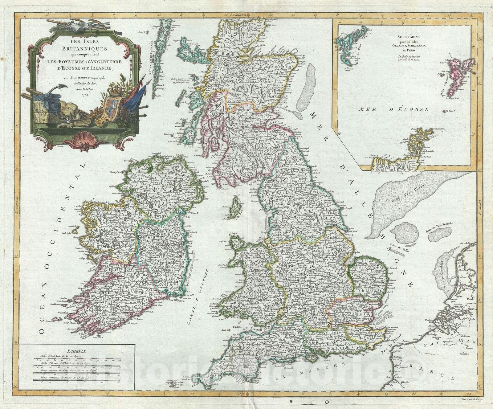 Historic Map : The British Isles "England, Wales, Scotland, Ireland", Vaugondy, 1754, Vintage Wall Art