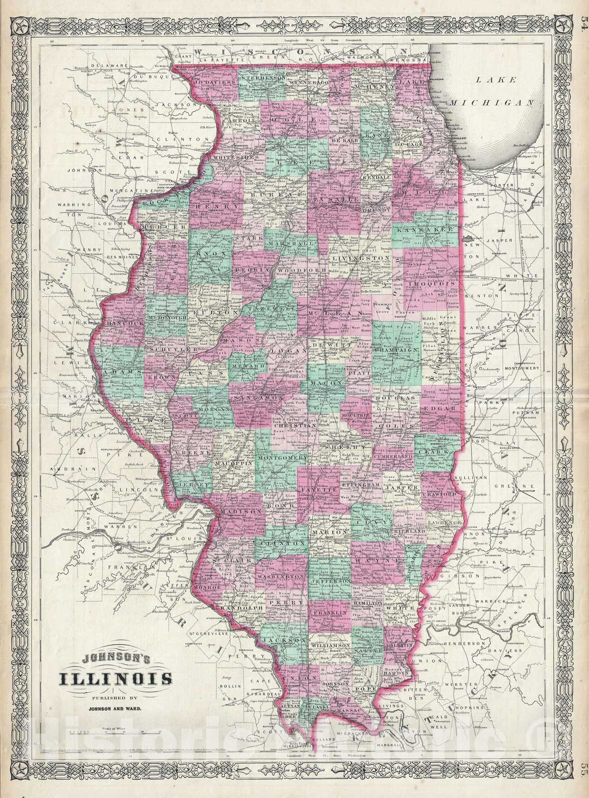 Historic Map : Illinois, Johnson, 1864, Vintage Wall Art