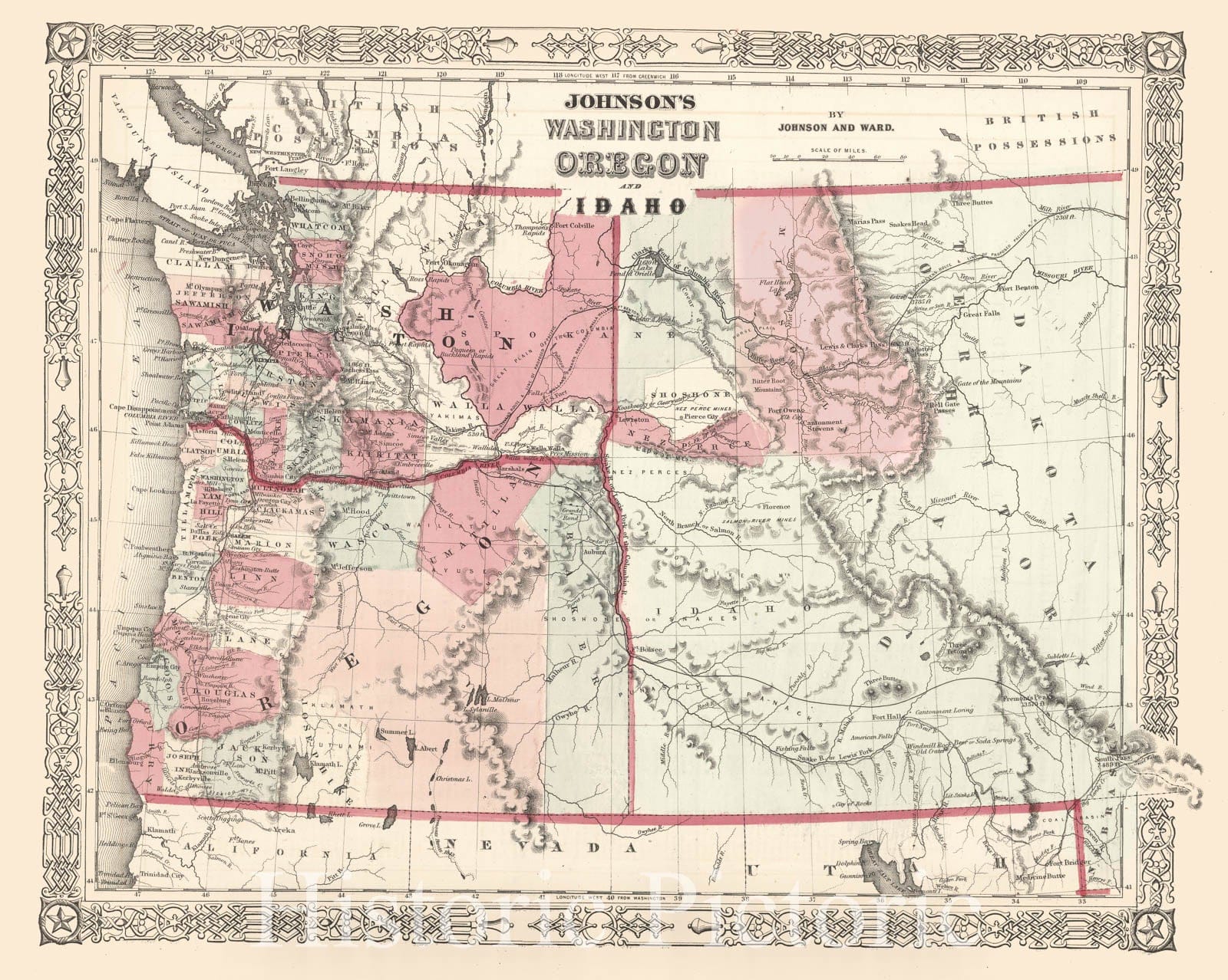 Historic Map : Washington, Oregon and Idaho, Johnson, 1863, Vintage Wall Art
