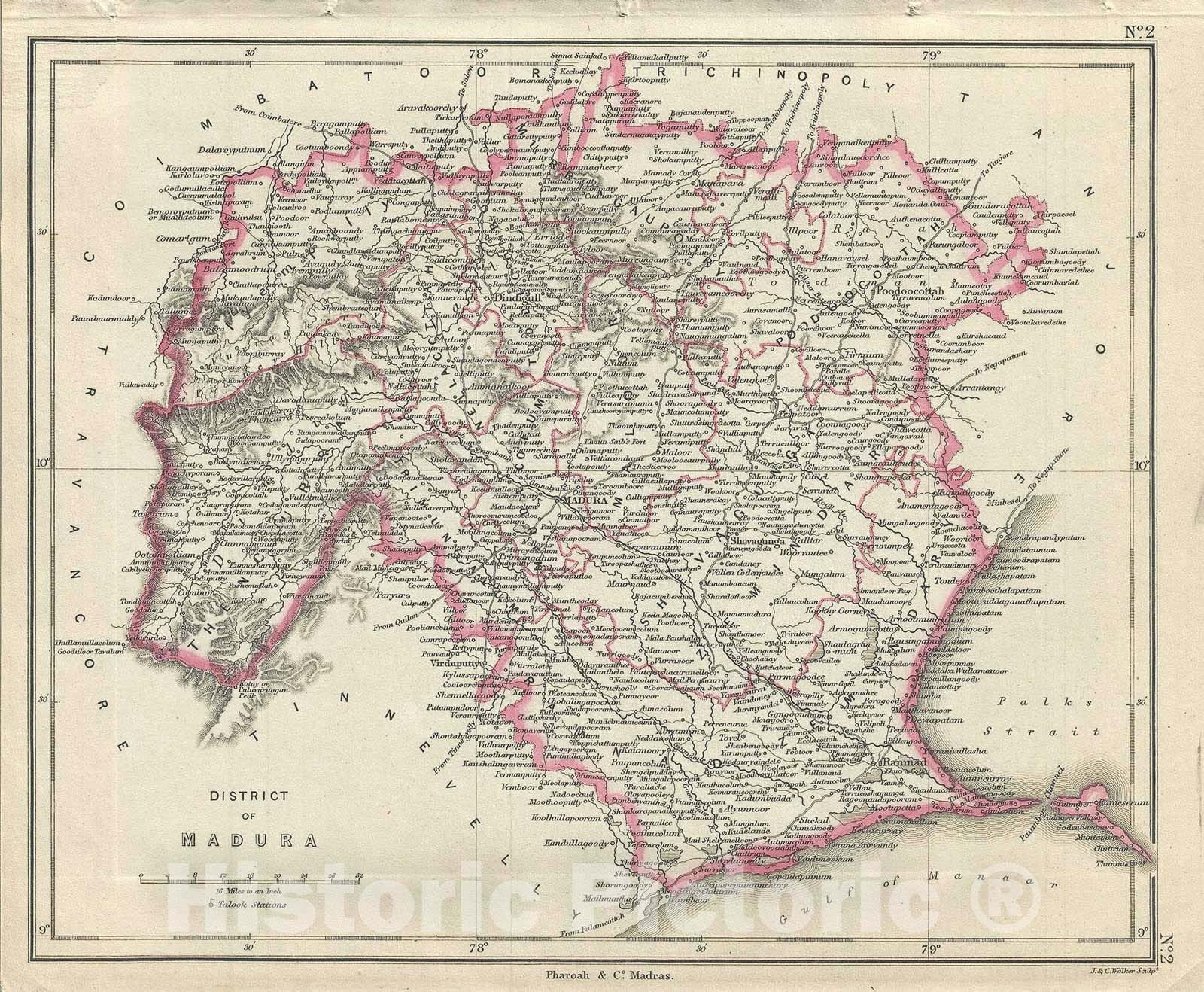 Historic Map : The District of Madura, Tamil Nadu, India, Pharoah, 1854, Vintage Wall Art