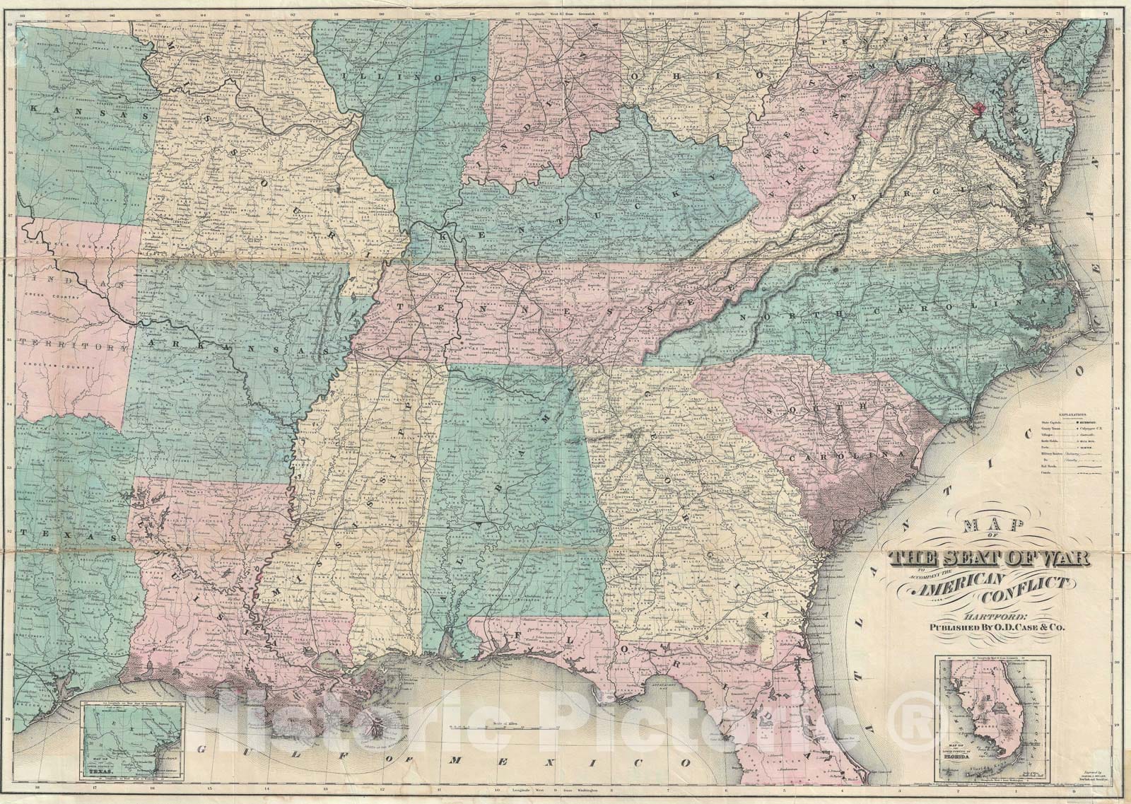 Historic Map : The Southern United States during Civil War, Case, 1866, Vintage Wall Art