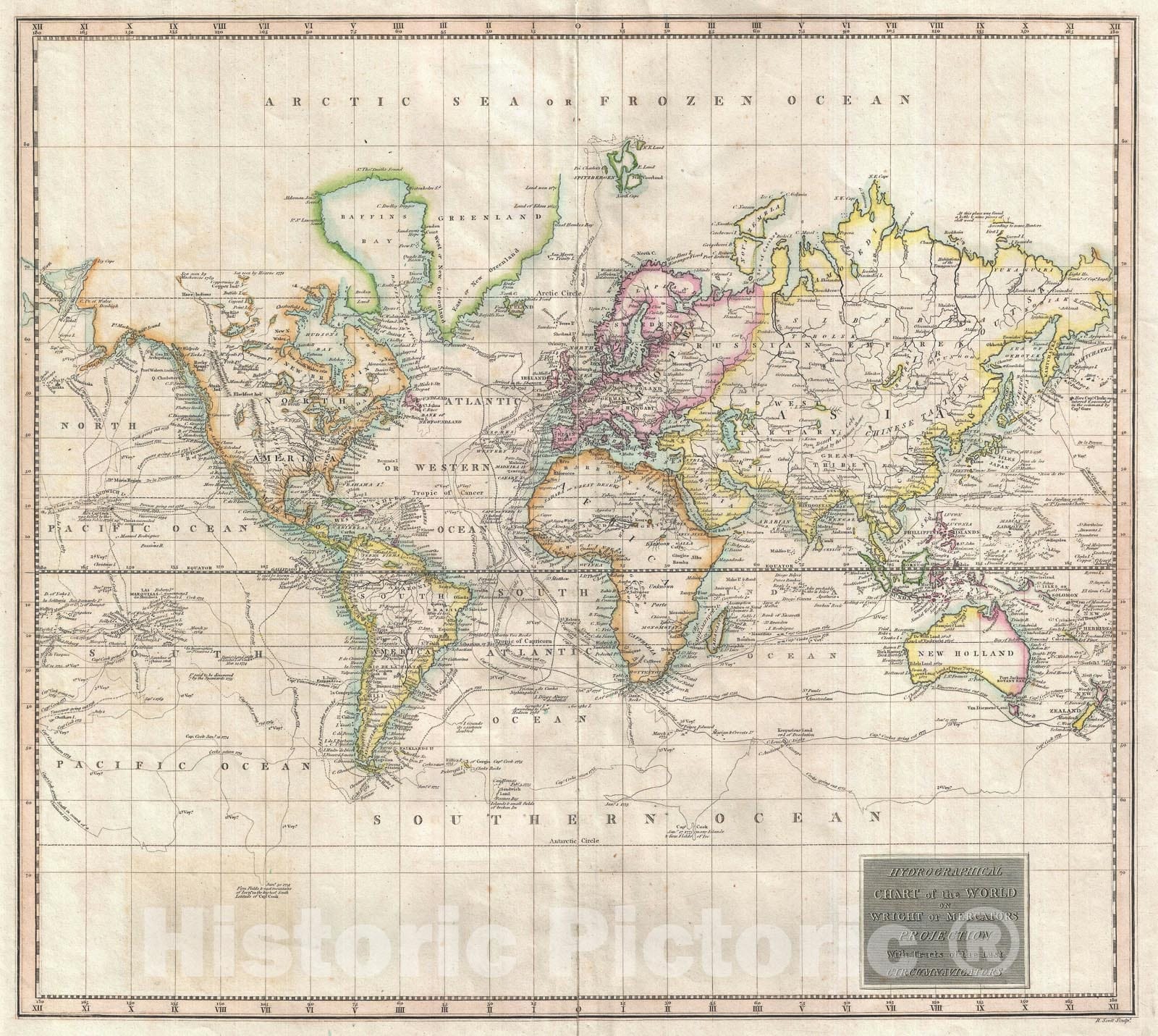 Historic Map : The World on Mercator's Projection showing Exploratory Routes, Thomson, 1814, Vintage Wall Art