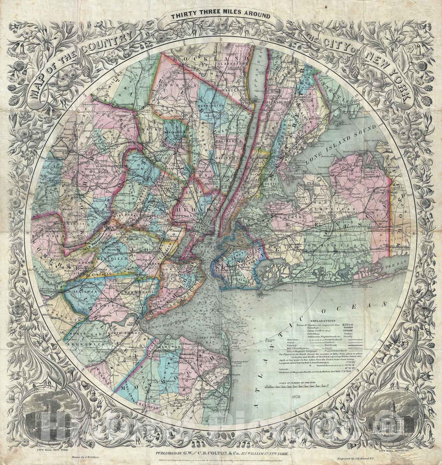 Historic Map : New York City and Vicinity "33 Miles Around", Colton, 1878, Vintage Wall Art