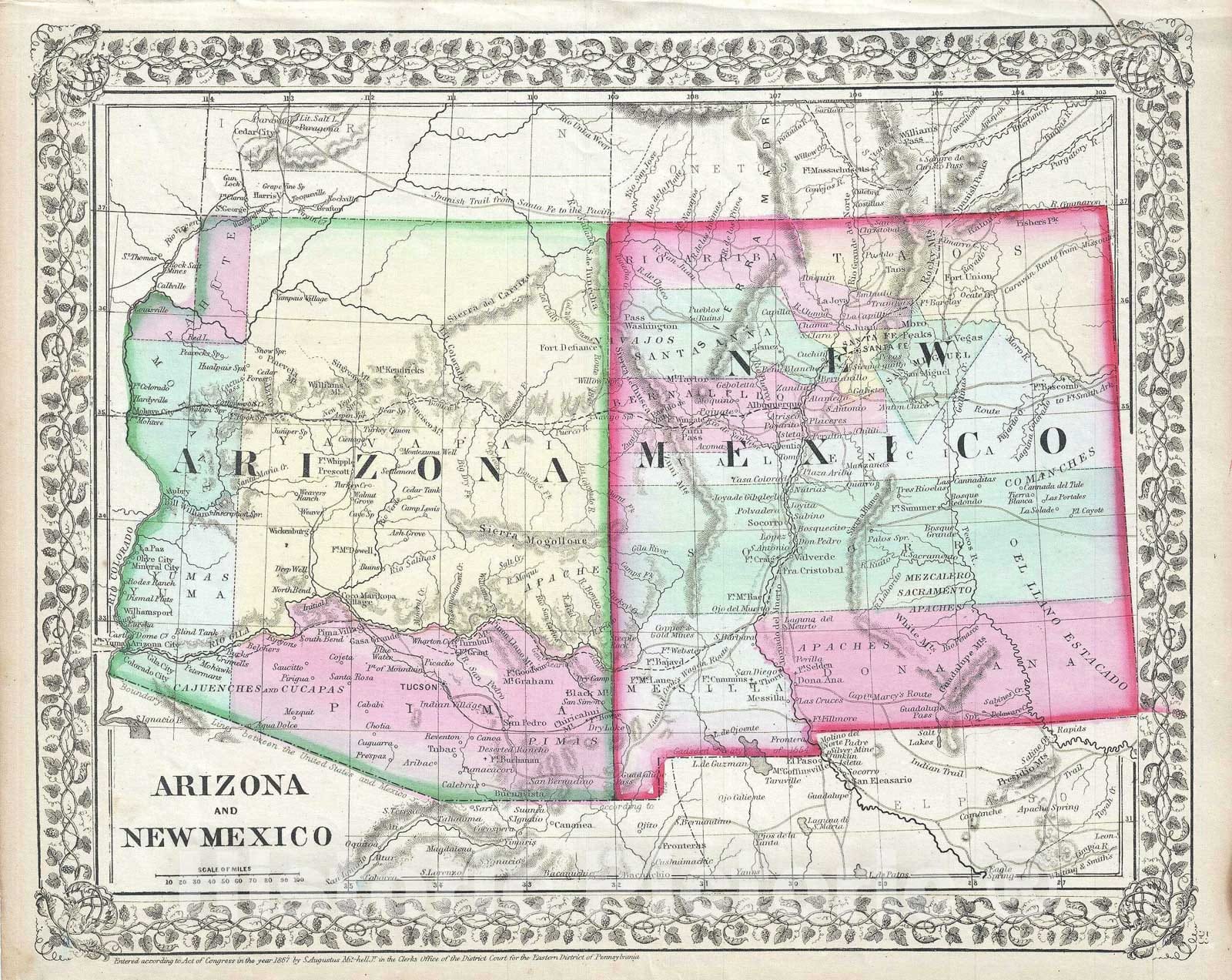 Historic Map : Arizona and New Mexico, Mitchell, 1867, Vintage Wall Art