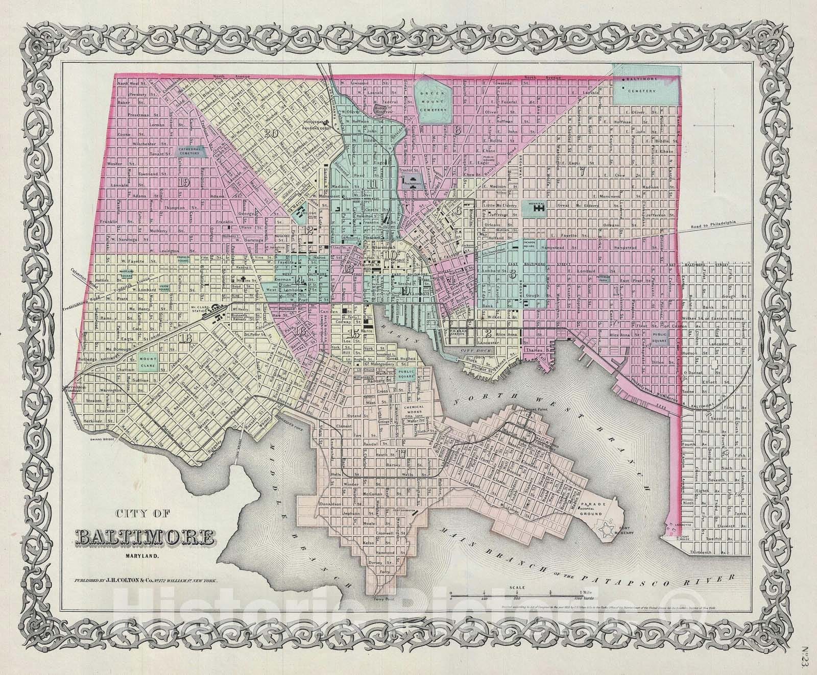 Historic Map : Plan of Baltimore, Maryland, Colton, 1856, Vintage Wall Art