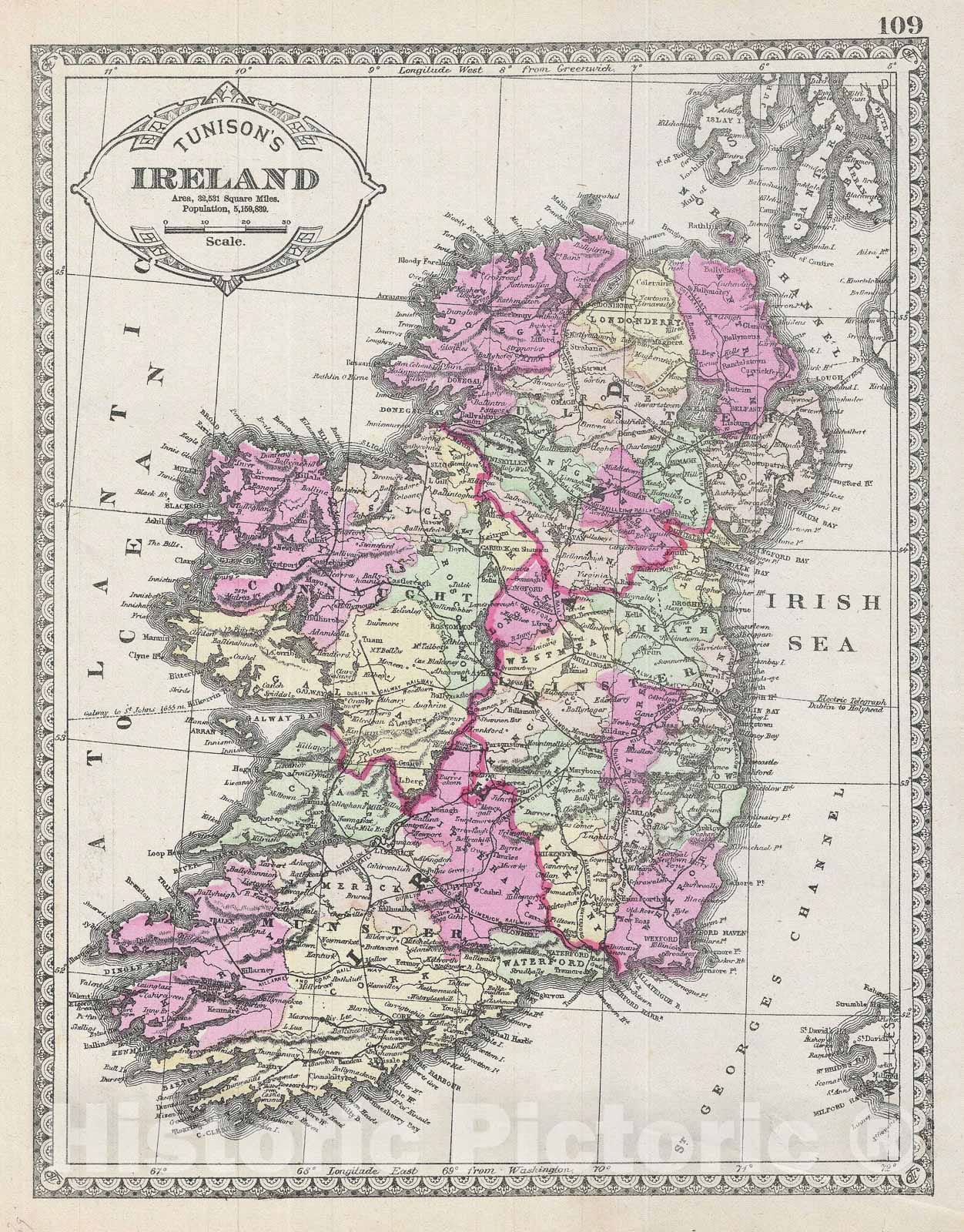 Historic Map : Ireland, Tunison, 1887, Vintage Wall Art