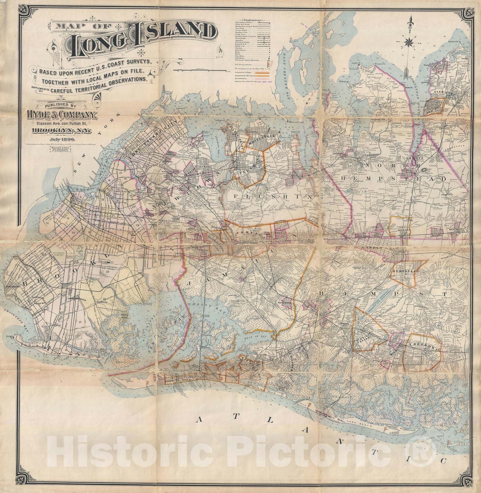 Historic Map : Western Long Island, New York "Brooklyn, Queens, Nassau County", Hyde, 1896, Vintage Wall Art