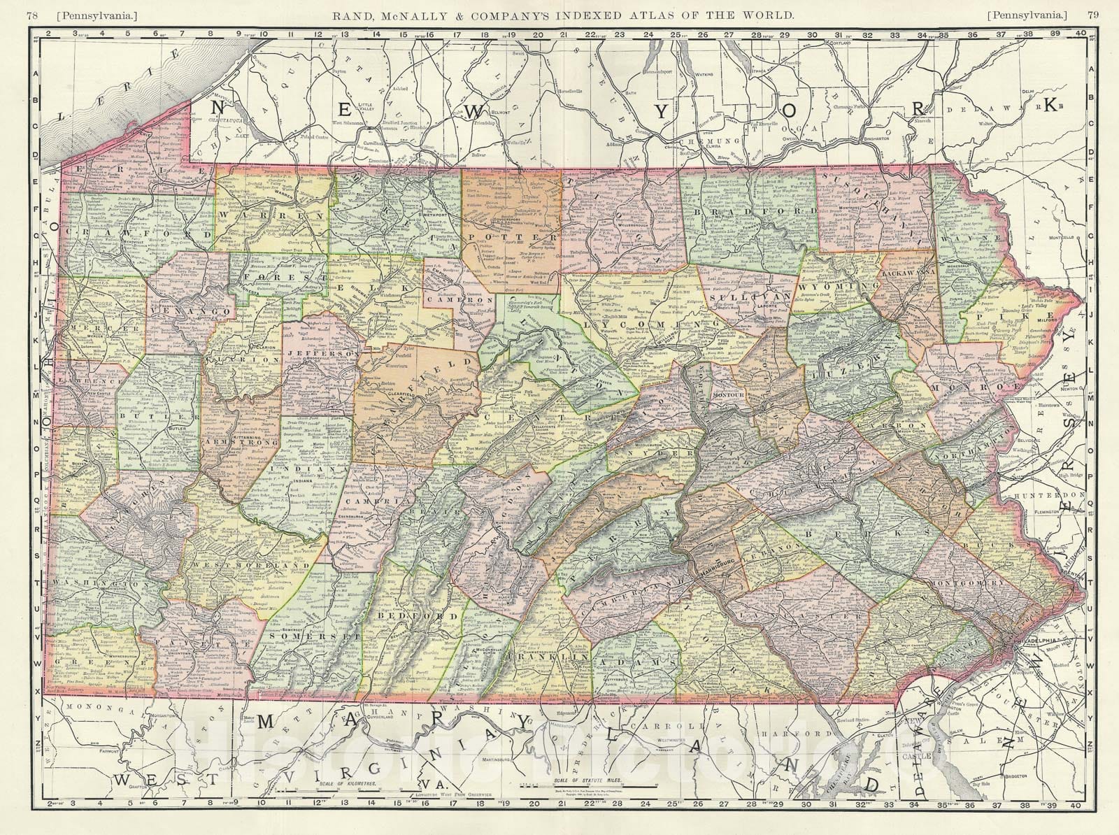 Historic Map : Pennsylvania, United States, Rand McNally, 1888, Vintage Wall Art