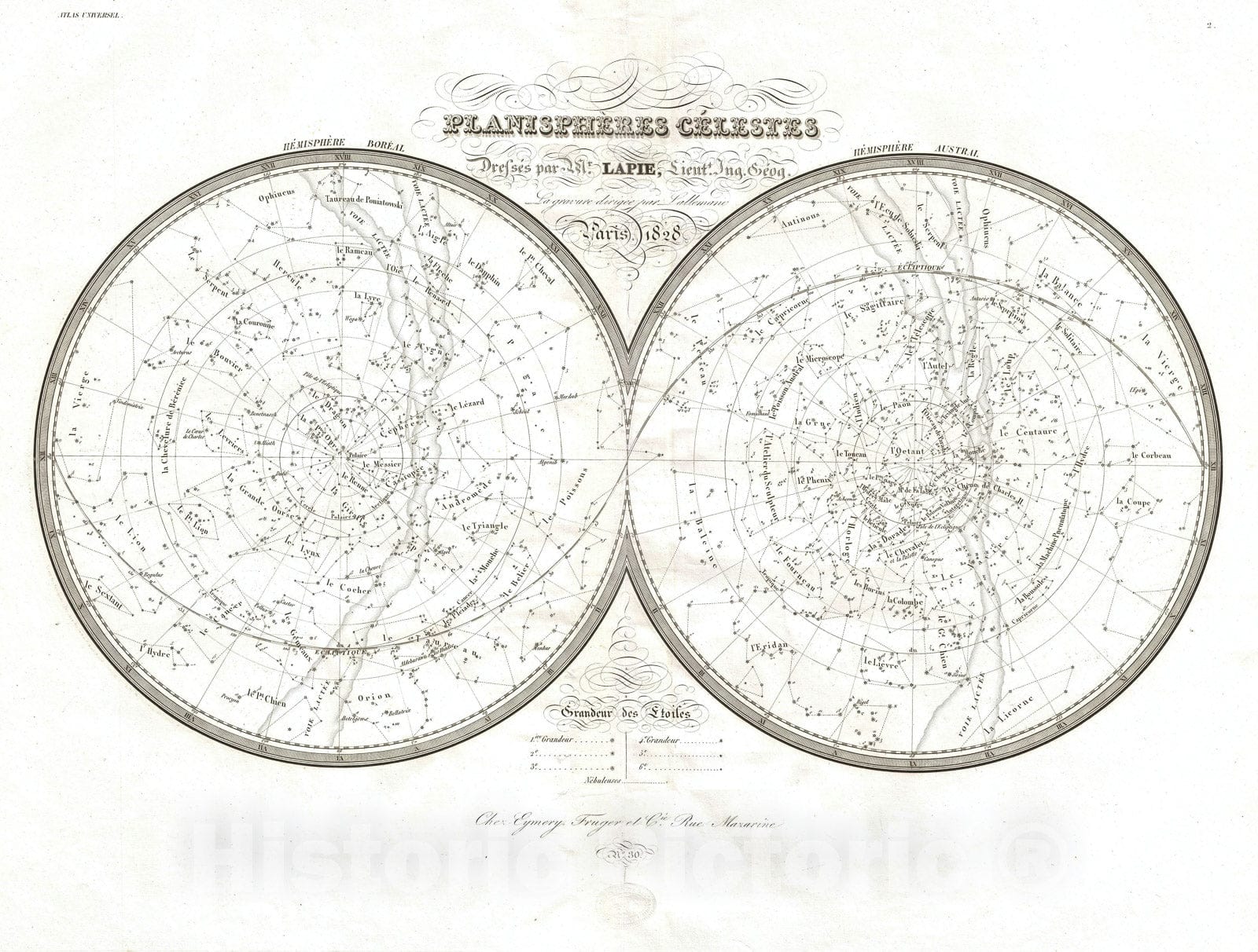 Historic Map : Stars and Constellations, Lapie Celestial, 1829, Vintage Wall Art