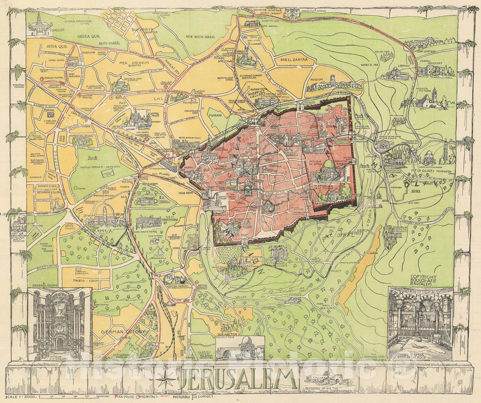 Historic Map : Gauer Pictorial Map of Jerusalem, Israel "w/ Manuscript Notations", 1935, Vintage Wall Art