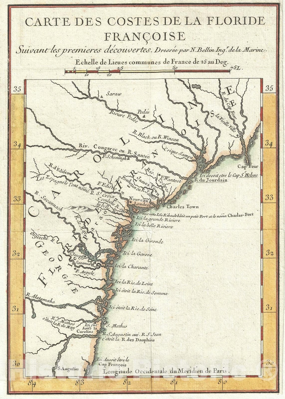 Historic Map : Carolina, Georgia, and Northern Florida "Floride Francoise", Bellin, 1744, Vintage Wall Art