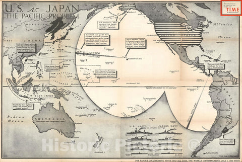 Historic Map : The Pacific and a Potential War Between The U.S. and Japan, Chapin, 1940, Vintage Wall Art