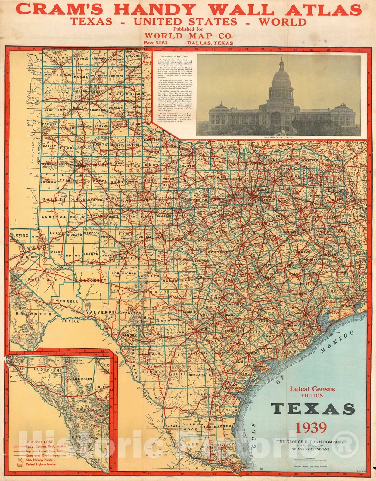 Historic Map : Texas, Cram, 1939, Vintage Wall Art