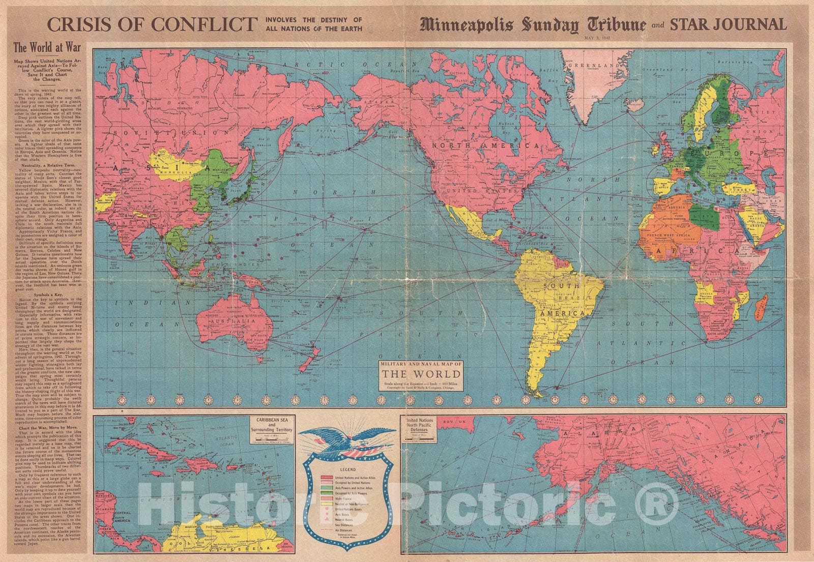 Historic Map : The World at War During World War II, Minneapols Tribune, 1942, Vintage Wall Art