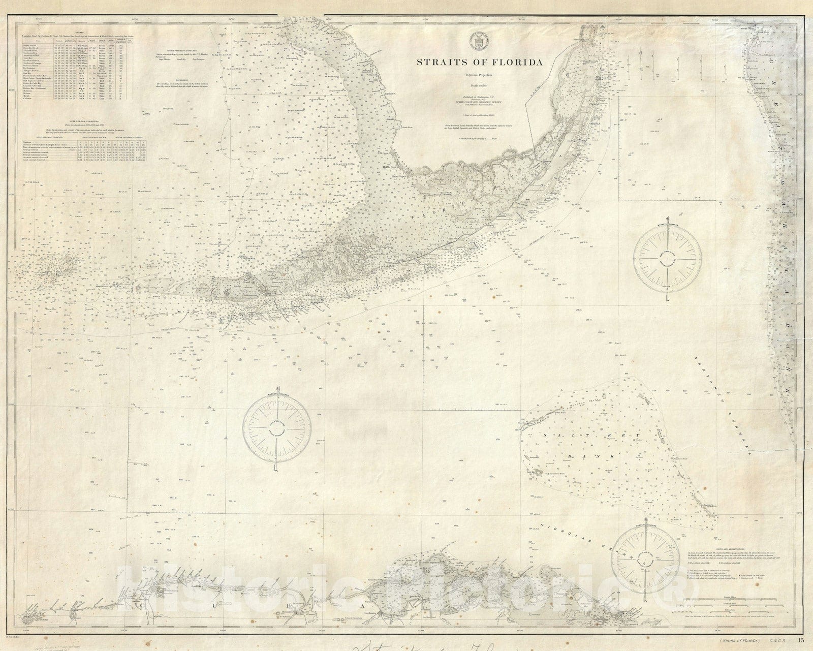 Historic Map : South Florida, The Florida Keys, North Cuba, and The Great Bahama Bank, U.S. Coast Survey, 1908, Vintage Wall Art