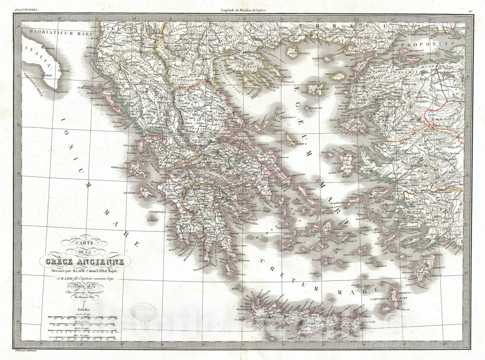 Historic Map : Ancient Greece, Lapie, 1832, Vintage Wall Art