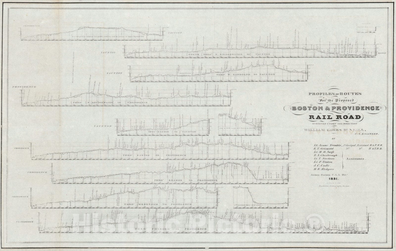 Historic Map : The Route Profiles for The Boston and Providence Railroad, Barney, 1831, Vintage Wall Art