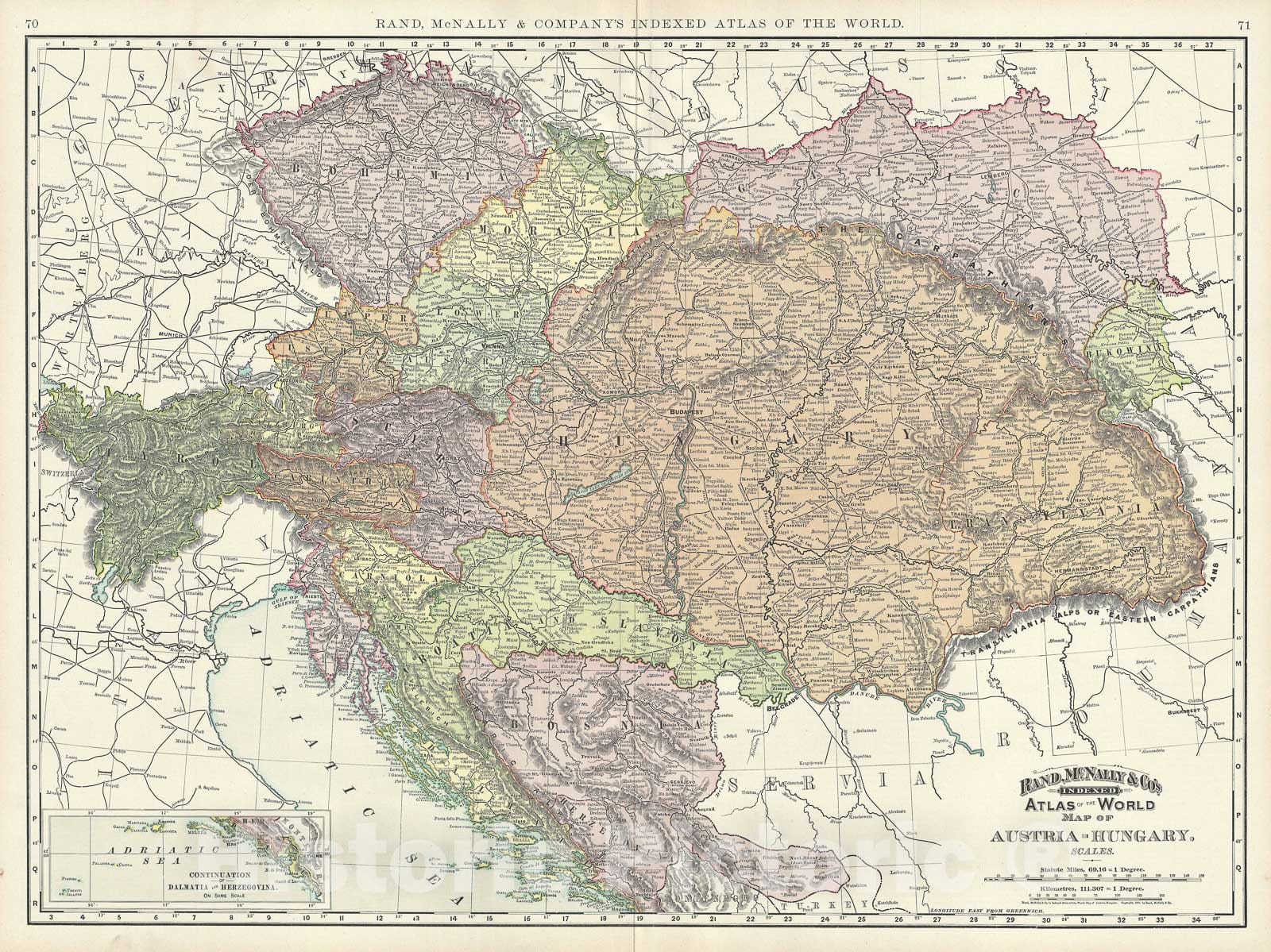 Historic Map : Austria and Hungary, Rand Mcnally, 1891, Vintage Wall Art