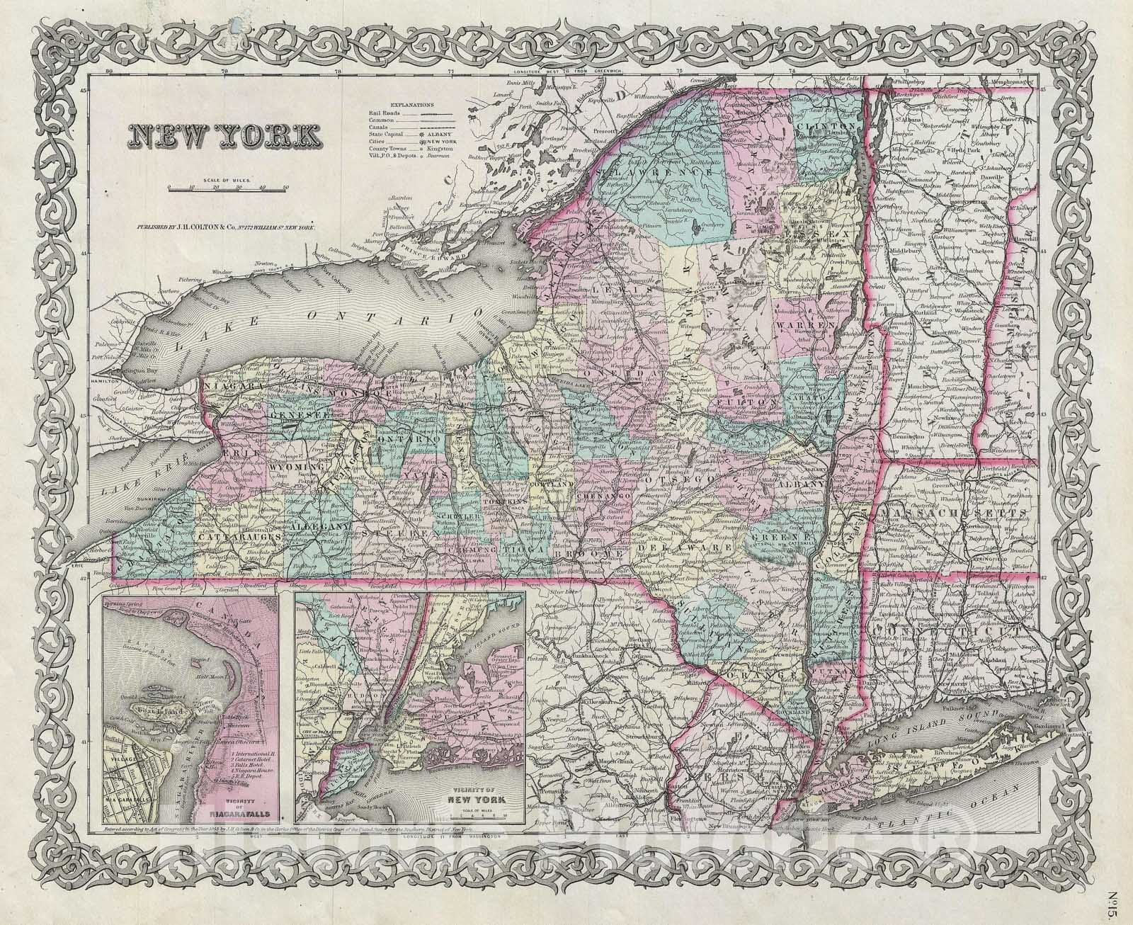 Historic Map : New York, Colton, 1856, Vintage Wall Art