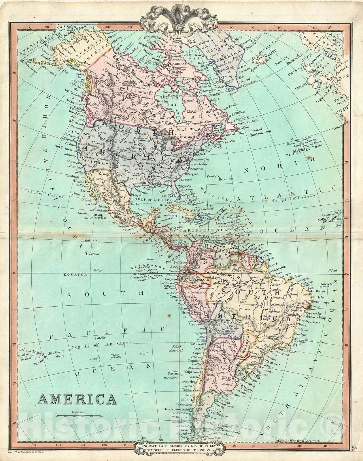 Historic Map : North and South America, Cruchley, 1850, Vintage Wall Art