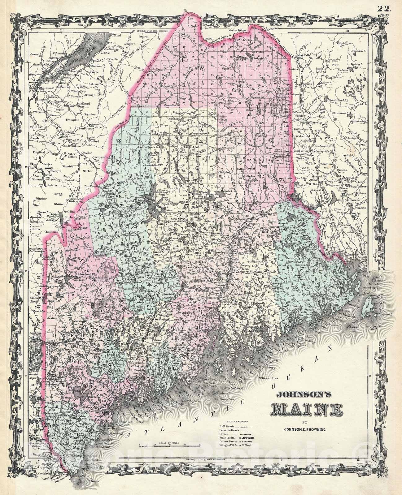 Historic Map : Maine, Johnson, 1861, Vintage Wall Art