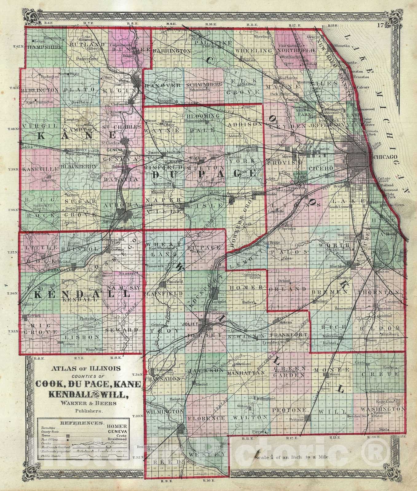Historic Map : Cook, Du Page, Kane, Kendall and Will Counties of Illinois, Beers, 1872, Vintage Wall Art