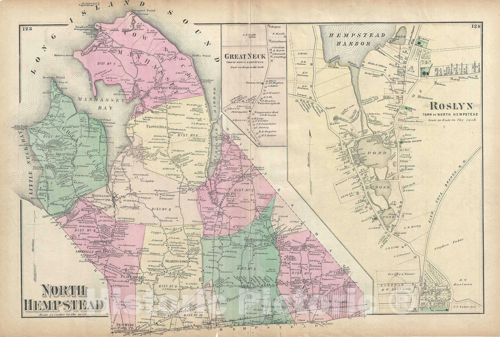 Historic Map : North Hempstead, Great Neck, and Roslyn, Long Island, New York, Beers, 1873, Vintage Wall Art