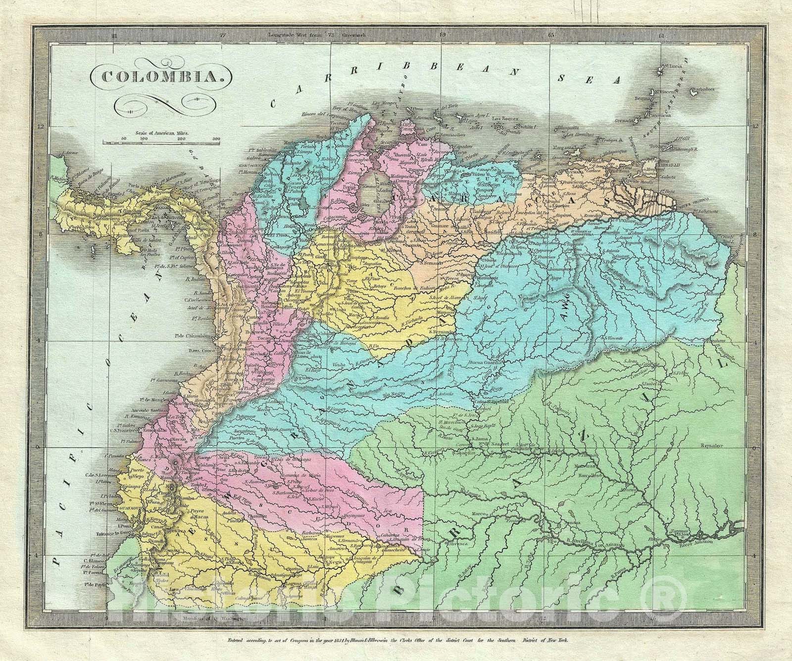 Historic Map : Colombia, Venezuela, Ecuador and Guyana, Burr, 1834, Vintage Wall Art
