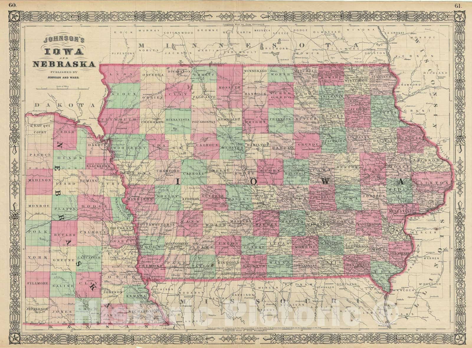 Historic Map : Iowa and Nebraska, Johnson, 1864 v2, Vintage Wall Art