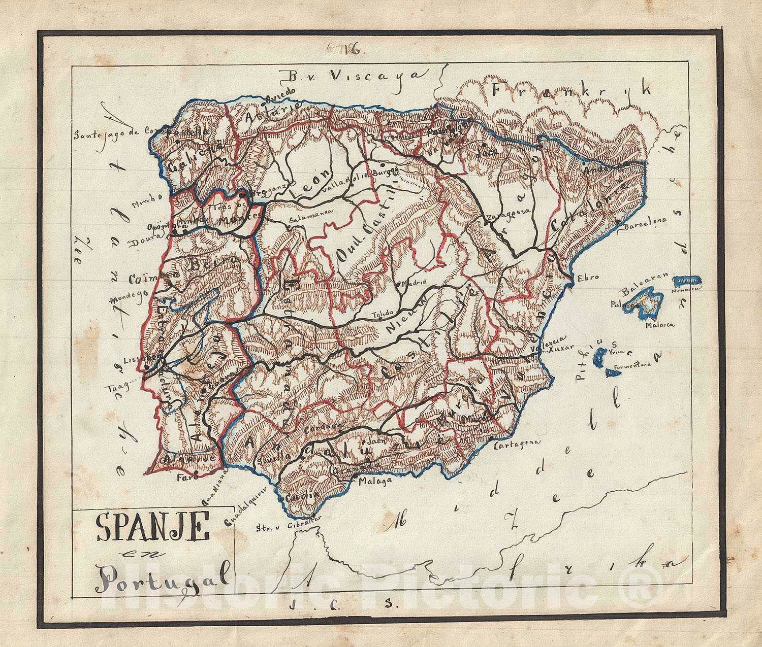 Historic Map : Spain and Portugal, Sikkel Manuscript, 1871, Vintage Wall Art