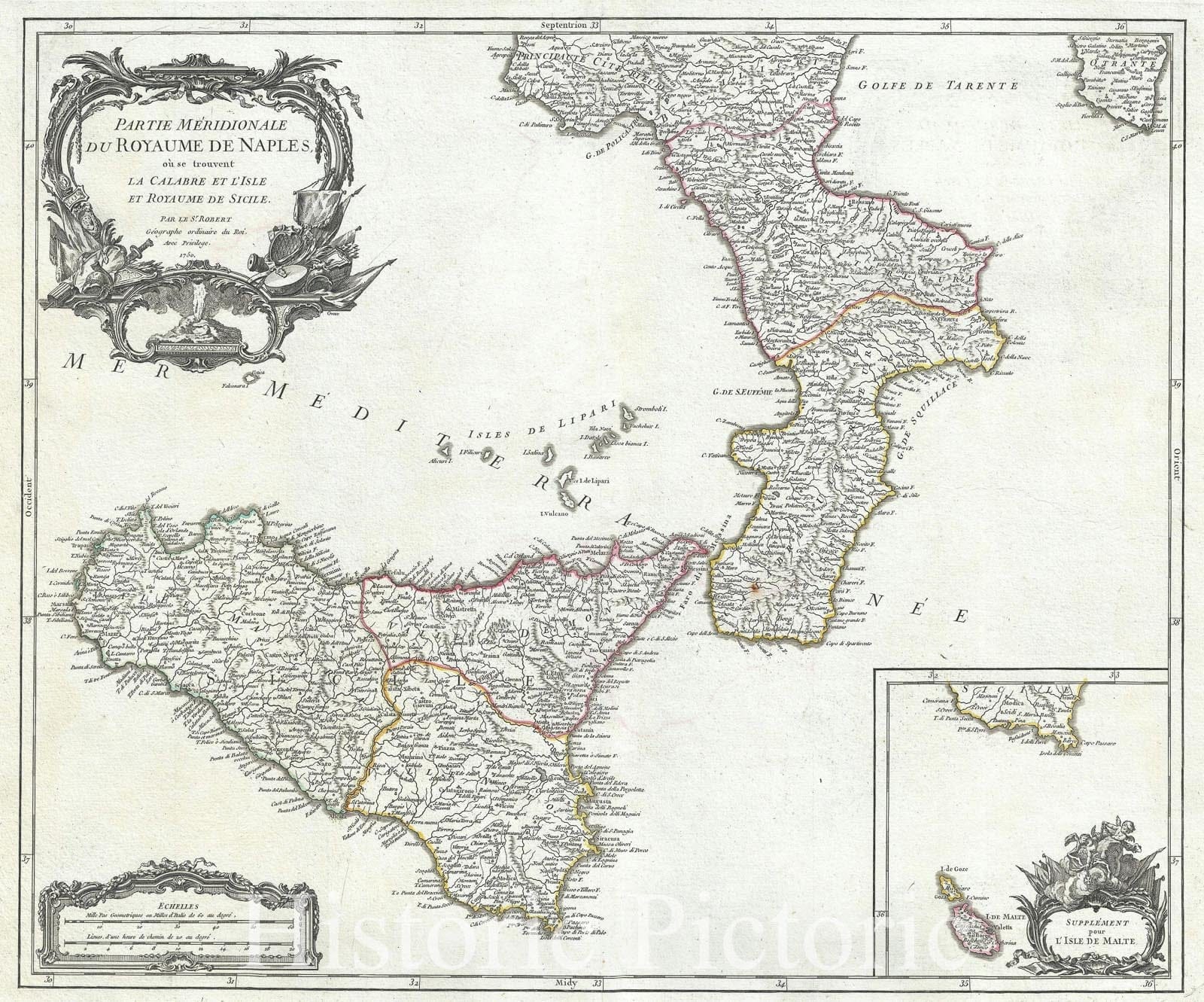 Historic Map : Southern Naples and Sicily, Italy, Vaugondy, 1750, Vintage Wall Art