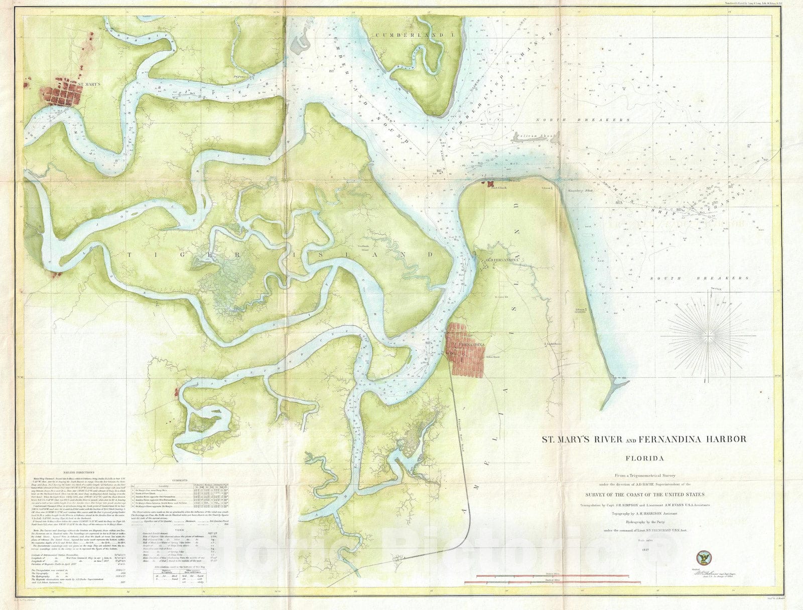 Historic Map : St. Mary's River and Fernandina Harbor, Florida, U.S. Coast Survey, 1857, Vintage Wall Art