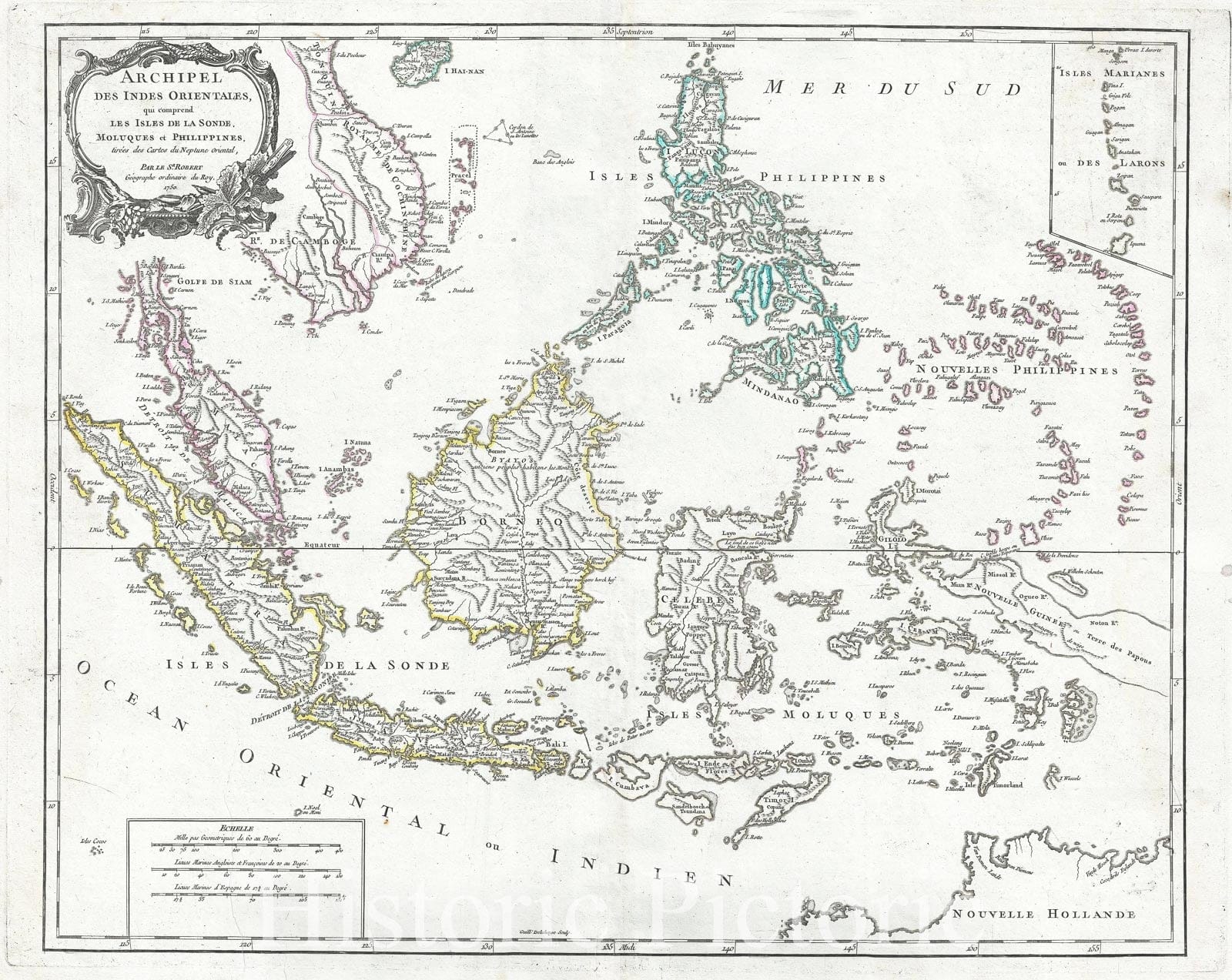 Historic Map : The East Indies "Malay, Indonesia, Philippines, Borneo", Vaugondy, 1750, Vintage Wall Art