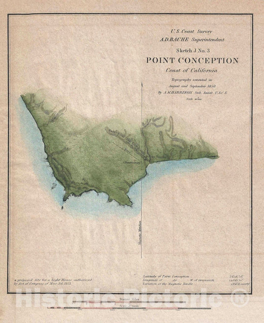 Historic Map : Nautical Chart Point Conception, Santa Barbara, California, U.S.C.S., 1851, Vintage Wall Art