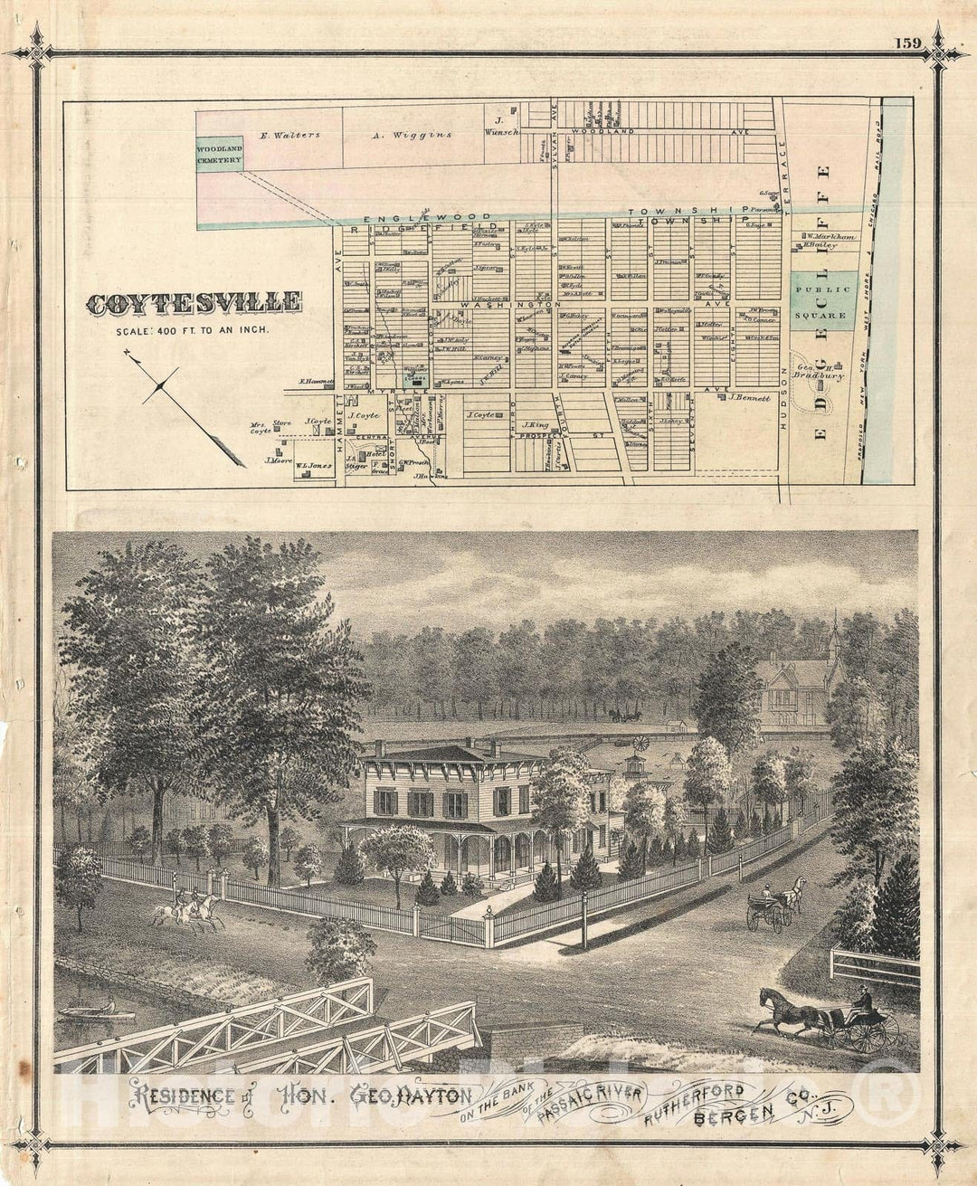 Historic Map : Coytesville, New Jersey, Walker, 1876, Vintage Wall Art