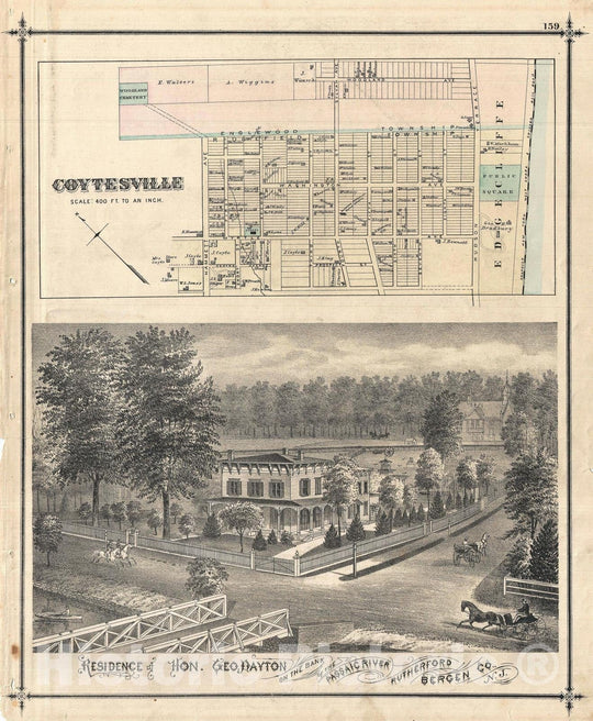 Historic Map : Coytesville, New Jersey, Walker, 1876, Vintage Wall Art
