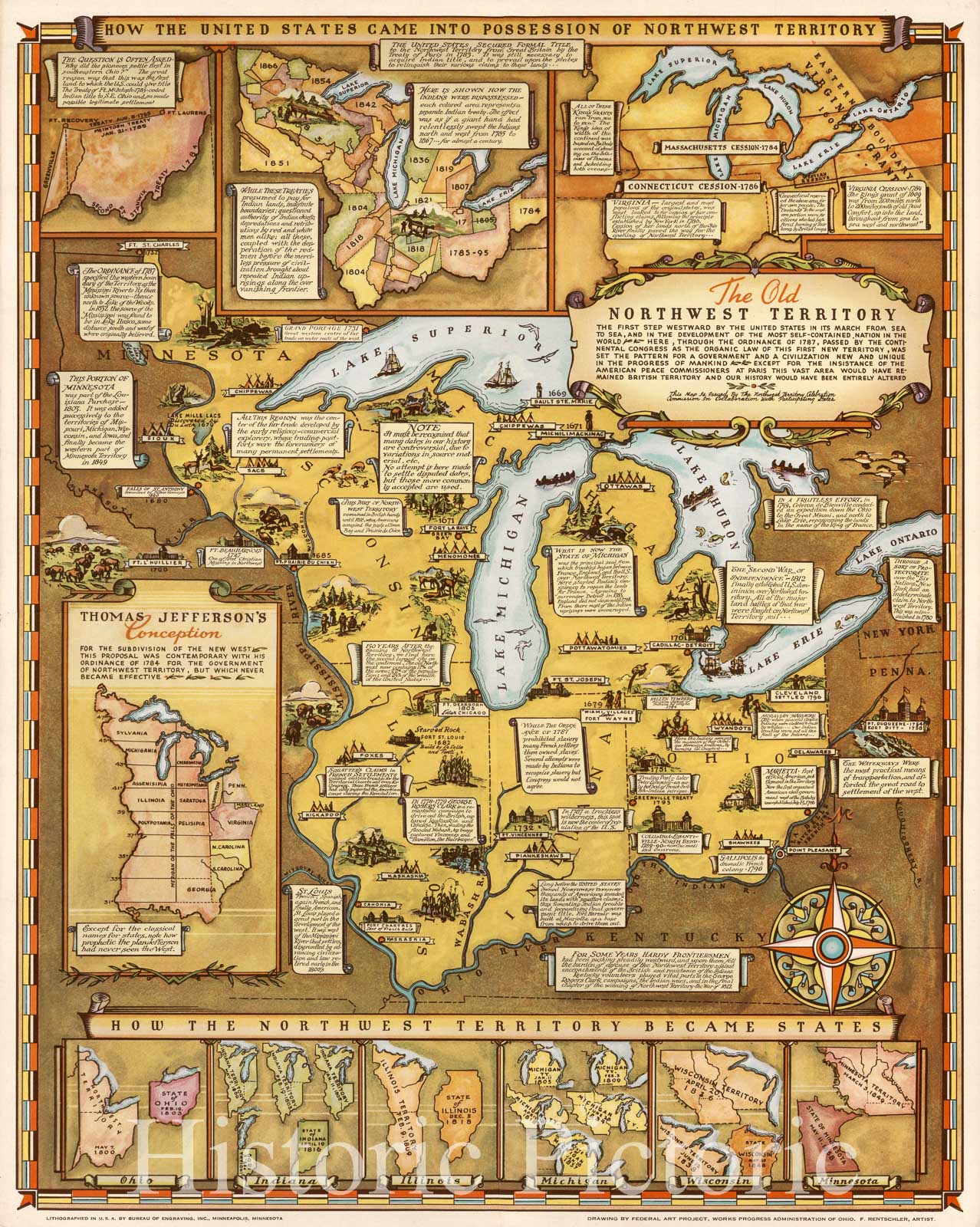 Historic Map : Pictorial Map of The Northwest Territory "Ohio, Illinois, Michigan, etc", WPA Rentschler, 1937, Vintage Wall Art