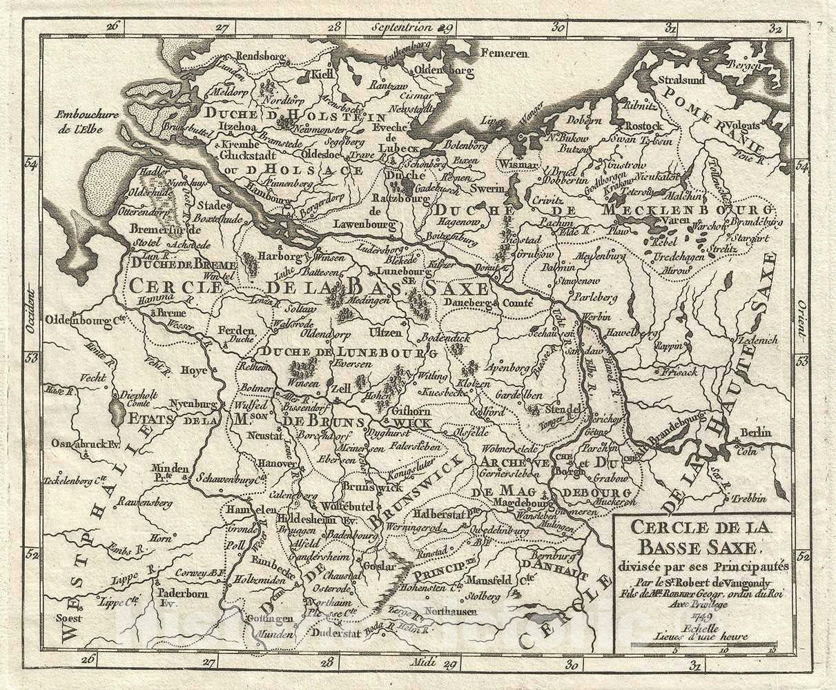 Historic Map : Lower Saxony, Germany, Vaugondy, 1749, Vintage Wall Art