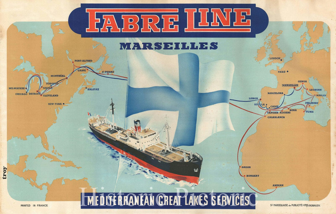 Historic Map : The World of Fabre Line Shipping Routes, Troy, 1951, Vintage Wall Art
