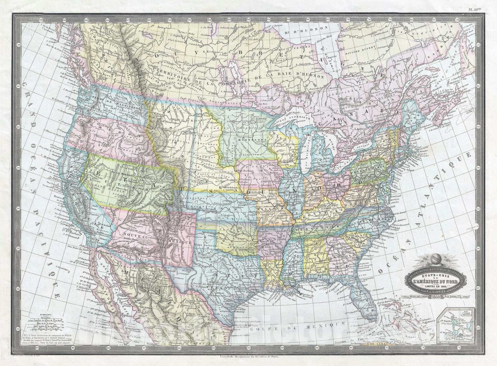 Historic Map : The United States, Garnier, 1860, Vintage Wall Art