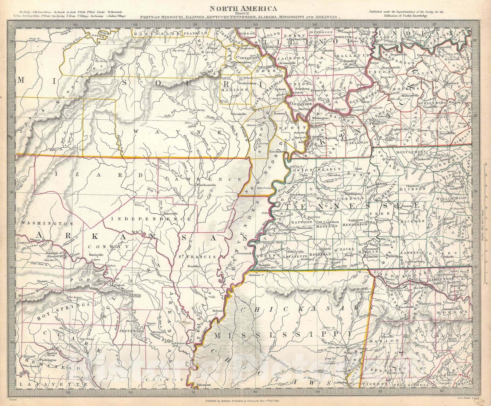 Historic Map : Missouri, Arkansas, Tennessee, Alabama and Mississippi, S.D.U.K., 1833, Vintage Wall Art