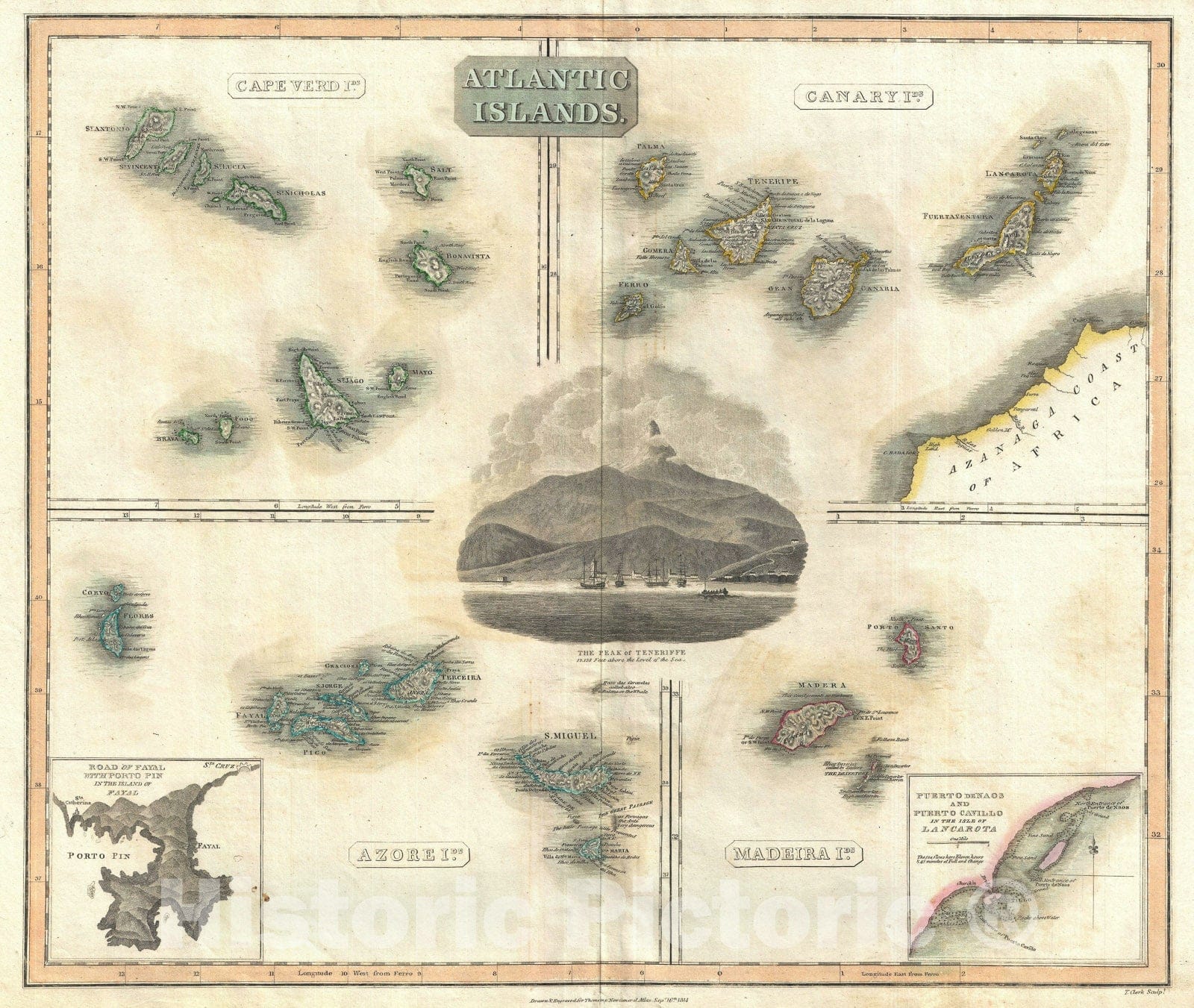 Historic Map : Atlantic Islands: Cape Verde, Canary, Madeira, Azores, Thomson, 1814, Vintage Wall Art