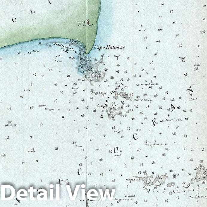 Historic Map : Cape Hatteras and Surrounding Shoals, North Carolina, U. S. Coast Survey, 1850, Vintage Wall Art